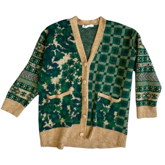 Zara Courtyard Patchwork Oversized Cardigan Sweater Green Tan Small - Picture 8 of 9